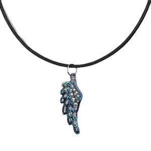Rainbow wing necklace with rhinestones leather cord handmade